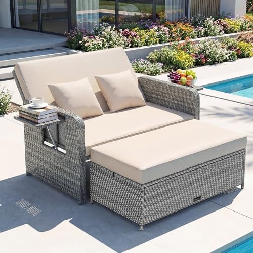 GIANTEX Lounge Möbel Outdoor, Rattan Gartenlounge Set mit Hocker, Gartensofa mit Liegefunktion, Balkon Lounge Set, Doppelliege Outdoor Sofa, Balkonmöbel Sonneninsel Loungebett mit stauraum