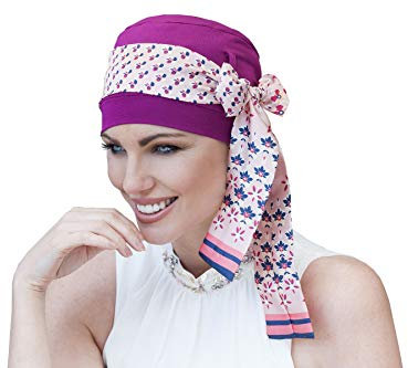 MASUMI - Damen Mütze für Chemotherapie, Krebspatienten und Frauen mit Haarausfall - Turban-Stil - aus Bambus (Lila/Altrosa/Florenza) - Yanna