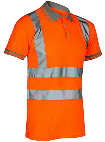 Stylo Online Hi Viz Vis High Visibility Polo Shirt Reflective Tape Safety Security Work Button T-Shirt Breathable Lightweight Double Tape Workwear Top (Orange Short Sleeve, M)