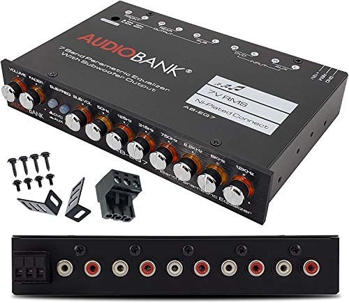 Getue Audiobank EQ7 1/2 Din 7 Band Car Audio Equalizer EQ w/Front, Rear/Frequency Adjustable /3 RCA Input for Portable Devices + Subwoofer Output Built-in 43-120Hz, 60-200Hz