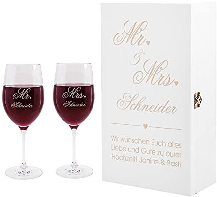 Herz & Heim® 2 Leonardo Weingläser mit Gravur wunderschönes Geschenk zur Hochzeit mit weißer Premium Verpackung Mr. & Mrs.