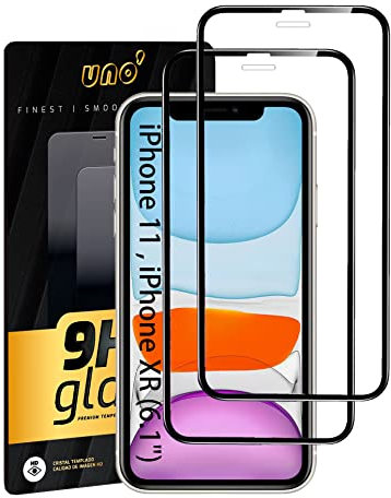 UNO' - 2 Und, Protector de Pantalla para iPhone 11/XR (6.1), Vidrio Templado 9H, Cobertura Completa con Bordes Curvos, Ultra Resistente, Transparente, Antiarañazos, Antihuellas, Sin Burbujas.