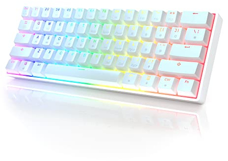 HK Gaming GK61 Mechanical Gaming Keyboard 60 Percent | 61 RGB Rainbow LED Backlit Programmable Keys | USB Wired | For Mac and Windows PC | Hotswap Gateron Mechanical Blue Switches | White
