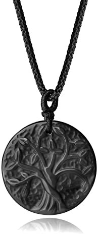 COAI Geschenkideen Unisex Halskette mit Lebensbaum Anhänger aus Schwarzem Obsidian Baum des Lebens Medaillon Vestellbare Kette