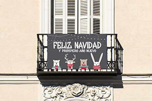 Oedim 100x70cm Lona para Balcón Feliz Navidad Animales Incluye 6 Ojales metálicos pequeños, Colores
