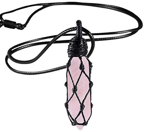 Nupuyai Hexagonal Crystal Point Handmade Wire Wrapped Stone Pendant Necklace for Women Men, Reiki Healing Amulet Adjustable Necklace for Unisex, Stone wax rope, rose quartz crystal stone