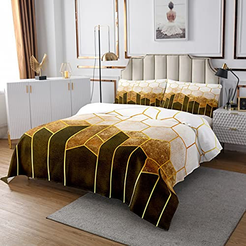 Homewish Metallic Stripe Quilt Set 240x260 Teens Boys Man, geometrische Diamant Bettwäsche Set rustikale Land Marmor Muster Tagesdecke Gold Wabendecke Set atmungsaktive Raumdekoration