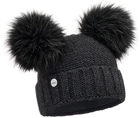 ELIMELI Winter Damen Mütze mit Zwei Bommeln - warme Wintermütze mit kunstfell Bommel - Slouch Beanie Damen - Bommelmütze für Damen - Fleece gefütterte Damenmütze (Dunkelgrau)