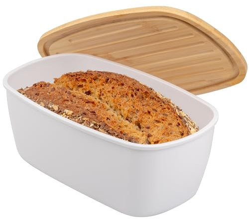 bremermann Oval Bread Bin with Bamboo Lid, Bread Box with Chopping Board, Bread Bin (white)