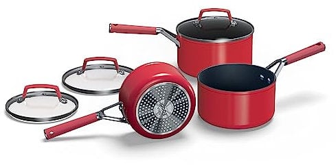 Ninja Foodi ZEROSTICK Vivid Juego de 3 cazos de aluminio, antiarañazos y antiadherente, apto para lavavajillas, horno y todo tipo de cocinas, incluido inducción, en rojo, C23000EU