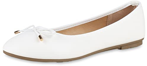 VAN HILL Damen Klassische Ballerinas Flache Kunstleder Schuhe Schleifen Slippers Bequeme Freizeitschuhe Sommerschuhe 203942 Weiss 41