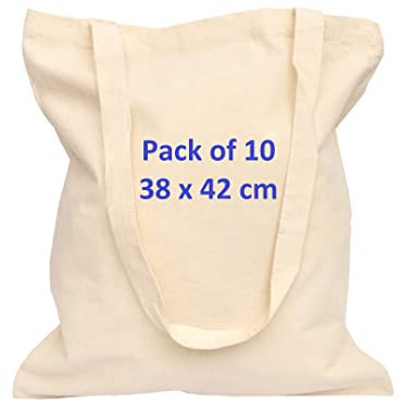 Cotton Bags for Grocery, Plain Bags to Decorate, eco-friendly Canvas Tote Bags made with Premium Quality 100% Cotton Fabric Are Reusable Blank Tote Bags of Size 38x42cm in Bulk (Pack 10-Natural)