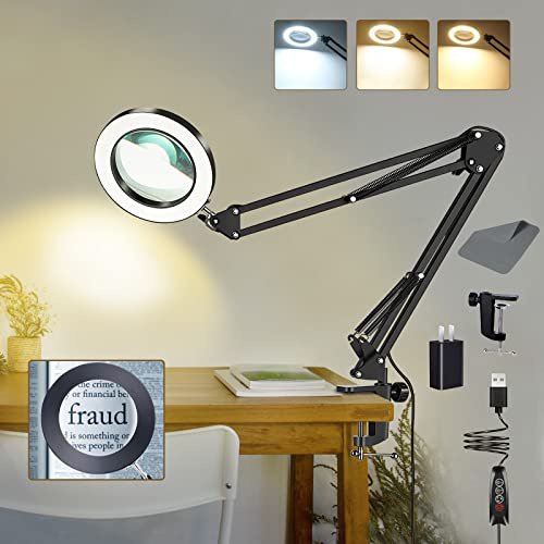 VUEJIC 10X Magnifying Glass with Light and Clamp, Magnifier with Light Hands Free3 Color Modes Stepless Dimmable, 72 LEDs Real Glass Lens Magnifying Lamp for Close Work, Repair, Reading, Craft
