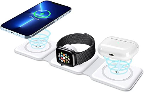Newest Ankilo 3 in 1 Wireless Charging Station, Foldable Wireless Charger Magnetic Fast Wireless Charging Pad, Compatible with iPhone 15/14/13/12, Samsung Galaxy, Apple Watch, AirPods Pro(No Adapter)
