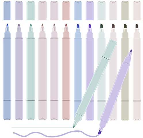 Meetory 12 Farben Textmarker Pastell Highlighter Pen Doppelkopf, Bunte Textmarker Stifte Aesthetic, Text Markers School Supplies Marker Pastell für Journaling Nehmen Schulbüro Stationäre 2-in-1