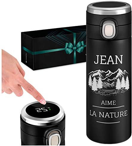 Maverton Gourde Isotherme Personnalisable - Mug hermétique 400ml avec gravure - Cadeau Homme - pour café - thé - Bouteille Isotherme avec afficheur LED - Cadeau Anniversaire Homme - nature