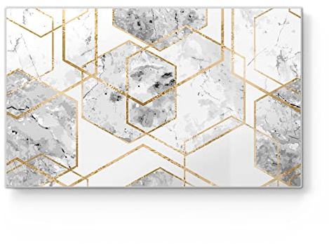DEQORI Frühstücksbrett Glas | klein 23x14 cm | Motiv Goldgerahmte Sechsecke | Design Schneidebrett für Küche | Frühstücksbrettchen antibakteriell & rutschfest | Glasplatte & Servierplatte