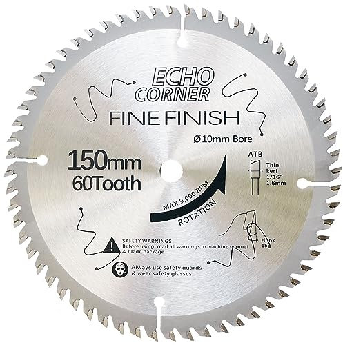 Echo Corner Lama per sega circolare da 150 mm, foro da 10 mm, 60 denti, taglio fine, taglio fine, taglio capezzale, per costruzione di telaio, legno duro, legno duro, laminato, compensato MDF,