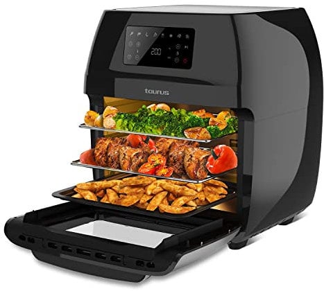 Taurus Air Fry Digital Grill, freidora sin aceite y horno, freidora de aire de 1700W, 12L, programable 24h, hasta 200º, programable 24h, 8 programas, puerta transparente, facil de limpiar.