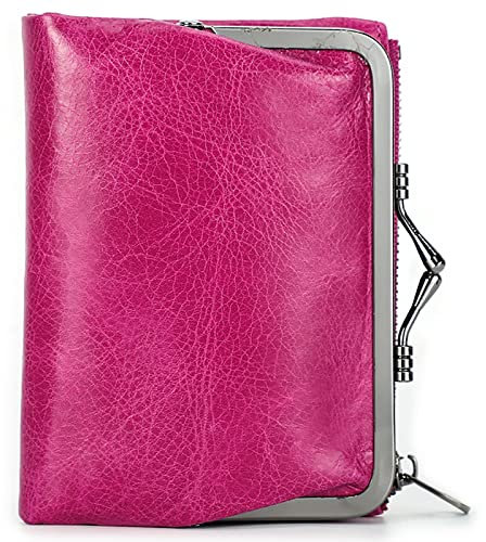 Damen Geldbeutel mit RFID Eisen-Klipp-Mode-Frauen-Ledergeldbörse mit Münzfach mit Reißverschluss,Pink,One Size