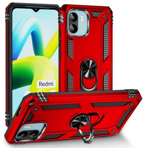 Coque pour Xiaomi Redmi A1 / Redmi A2 Housse Antichoc avec Anneau Rotatif Aimant 360 Degrés Etui Magnétique Rigide Dure Armure Bague Support Renforcée (Xiaomi Redmi A1 / Redmi A2, Rouge)