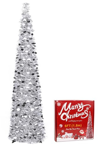 QUIENKITCH Árbol de Navidad artificial desplegable de 1.8 m, árbol de Navidad plegable de oropel plateado, árbol de Navidad plegable alto y delgado para decoración de fiestas de Navidad, chimenea