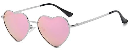 RUNHUIS Polarisiert Herzform Sonnenbrille Damen Herren Hippie Brille Vintage Liebe Sonnenbrille für Festival Party Gold Metallrahmen mit UV400 Silber/Rosa gespiegelt