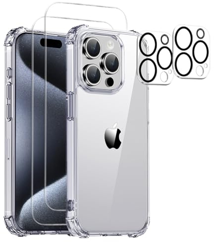 MASETECH 5-in-1 for iPhone 15 Pro Max Case Clear [2 Glass Screen Protector Cover+2 Camera Lens Protector]