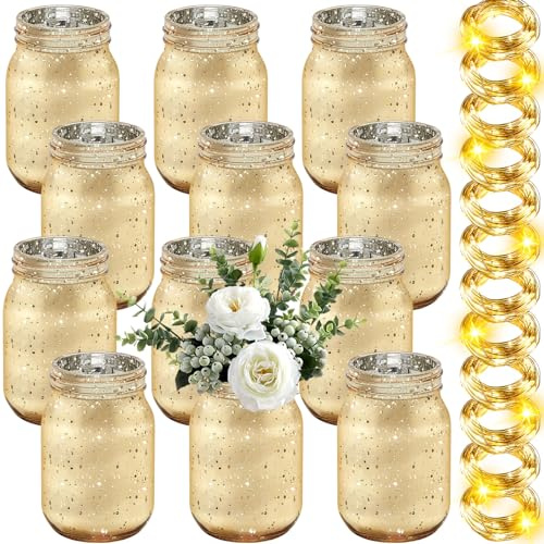 Tioncy Dekoratives Einmachglas mit Licht für Tischdekoration, goldfarben, 12 Stück