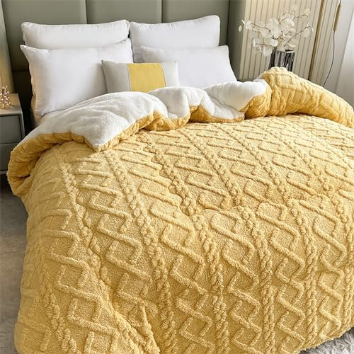 PRELGOSP Kaschmir Decke Quilt, Flauschige Dicke Bettdecke, Doppelseitiges Design Winter Steppdecke, Weiche Warme,Gelb,220x240cm/5kg