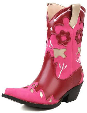 WeFloHsL Femmes Santiags À Talon Carré Bout Carré Fleurs Brodées Bottes Mi-Mollet De Cowboy Western,Rose,43 EU