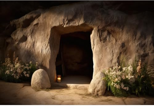 DORCEV Empty Tomb Backdrop 7x5ft Jesus Christ Crucifix Stone Hole Photography Background Holy Light Easter Photo Backdrops Sunset Lord Pray Church Missionary Events Banner Decorations Studio Props