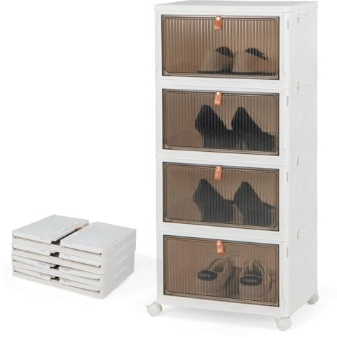 Multigot Foldable Shoe Storage Box, 3/4/6 Tier Stackable Shoe Organizer Containers with Lid, Transparent Magnetic Doors and Lockable Wheels, Collapsible Plastic Storage Bins Cabinet (4-Tier)