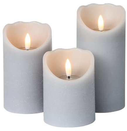 Meisterhome® 3er-Set Flammenlose LED Kerzen - Hellblau - Rustik Design Stumpenkerze - mit Fernbedienung – mit Timer - Batteriebetrieben – Warmweiß - 10/12,5/15 cm hoch - mit flackernder Flamme