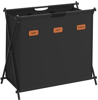 SONGMICS Laundry Hamper, Laundry Basket, 135 L Laundry Sorter 3 Sections, Collapsible X-Frame, Clothes Organiser with Customisable Labels, Laundry Room, Bedroom, Bathroom, Ink Black LCB130B01