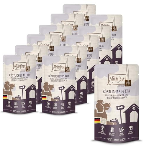 MjAMjAM - Premium Nassfutter für Hunde - Quetschie - purer Fleischgenuss - köstliches Pferd pur, 12er Pack (12 x 125g), getreidefrei mit extra viel Fleisch