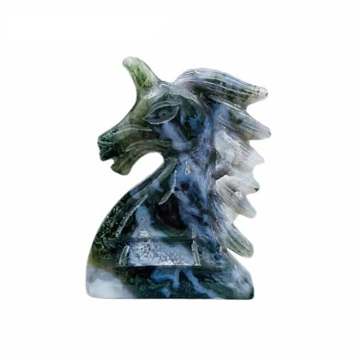 AtkitS Cristal Figura de Caballo de Unicornio de Cristal Natural, Adorno de ágata Musgo, meditación, Reiki, hogar