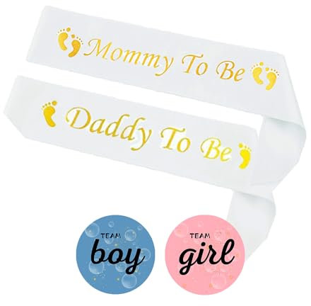 Baby Shower Set, Mummy-to-Be & Daddy-to-Be Schärpen, Gender Reveal Sticker, Perfekte Dekoration für unvergessliche Baby Willkommensparty,102pcs