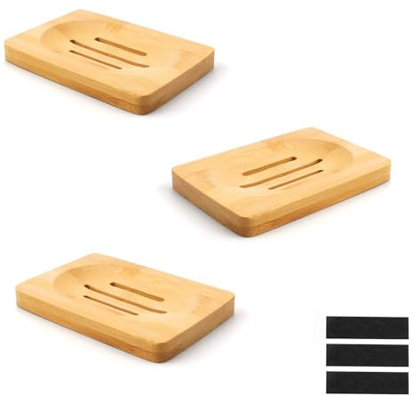 Porte-Savon, 3 pièces Porte Savon en Bois Naturel, Porte Savon de Salle de Bain avec Trou de Drainage Porte-Savon avec Tapis Antidérapant, adapté à la Salle de Bain et à la Cuisine 0XBIT