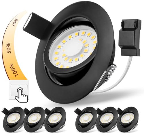 LED Einbaustrahler Schwenkbar LED Spots 230V Dimmbar 5W, Schwarz Deckenspots LED Warmweiß 3000K, 3 Stufig Dimmbar Spots Deckenleuchte 68mm Einbauleuchten Ultra Flach für Bad, Schlafzimmer, 6er Set
