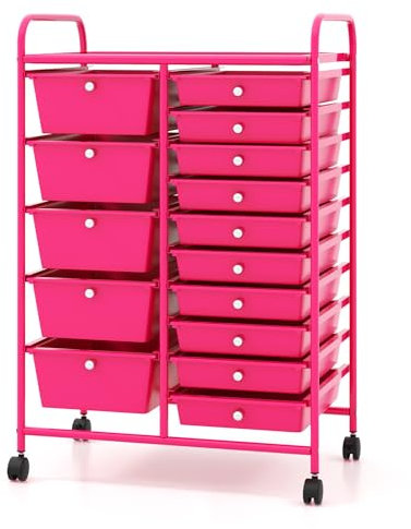 COSTWAY Rollwagen mit 15 stapelbaren Schubladen, Schubladenwagen Rollcontainer mit Metallgestell und Ablagefläche, Badrollwagen Aufbewahrungswagen (5 große Schubladen und 10 kleine Schubladen,Rosarot)