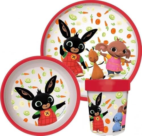 Juego de vajilla reutilizable para niños bicolor – Juego de 3 piezas: Plato, cuenco y vaso para niños y bebés con base antideslizante – Sin BPA (para Bing)