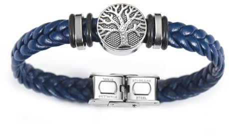 Dreamtimes Yggdrasil World Tree of Life Bracelet Bracelet en cuir pour homme Bracelet religieux tressé Bracelets manchettes pour homme Bracelet manchette Viking en acier inoxydable pour femme (Bleu)