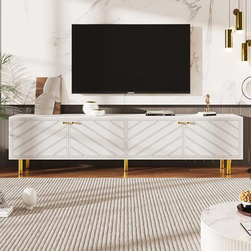 BTM Meuble TV Blanc, Meuble TV de Salon avec 4 Portes, Banc TV 170 cm avec Poignées et Pieds en Métal, Meuble Télé, Lignes Obliques, 170x38x50cm