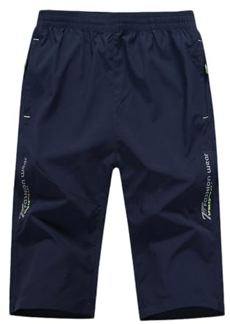 MakingDa 3/4 Length Shorts Men Summer Casual Baggy Lightweight Thin Below Knee Cargo Three Quarter Long Shorts with Zip Pocket Elastic Waist Cropped Trousers-X-Dark Blue-M