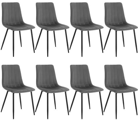 Klihome Esszimmerstühle 8er Set, für Schlafzimmer Küche Wohnzimmer, Küchenstühle gepolstert mit Rückenlehne Metallbeinen, Sitzfläche aus Samt, Dunkelgrau