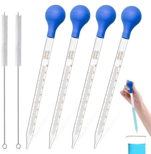 qingmeng 4 Stück Glaspipette, Pipette 10 ml Glas mit 2 Stück Bürsten Pipetten Kinder Pipette Groß Lang Pimpette Transferpipetten Pipettenstopfen Messzylinder Glas Messpipette für Labor Medizin Schule