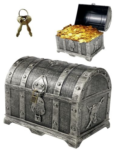 VicBou Schatzkiste Kindergeburtstag, Schatztruhe Goldmünzen, Box Verschließbar Mit Deckel Und Schloss Mit Schlüssel, für Aufbewahren Und Dekorieren, Kindergeschenk, 14x9.7x9.5cm, Antikes Silber