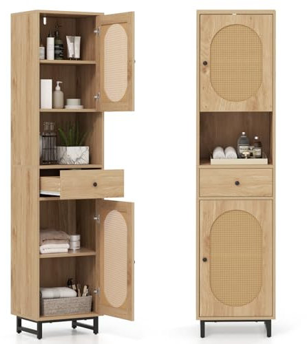 LIFEZEAL Badezimmerschrank PE-Rattan, Badschrank Hochschrank mit verstellbaren Regalen, Aufbewahrungsschrank für Badezimmer, Wohnzimmer, Küche, 40 x 30 x 170 cm, Natur