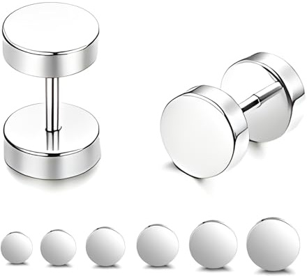 Uwiyo Stud Earrings, Stainless Steel Dot Stud Earring for Men Women Silver Black Screw Flat Back Earring Fake Plug Screwback Earrings Piercing Set Unisex, 3-8mm